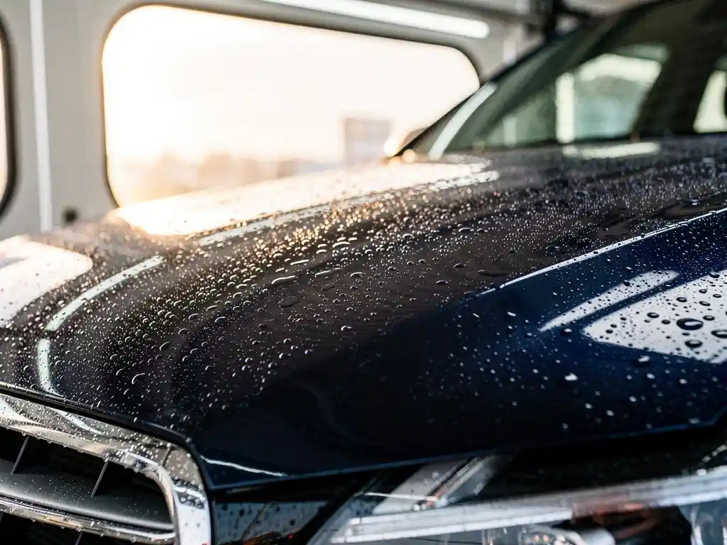 Donkerblauwe auto met waterdruppels op de lak na een beurt bij de carwash, spiegelglad motorkapoppervlak in zacht daglicht.