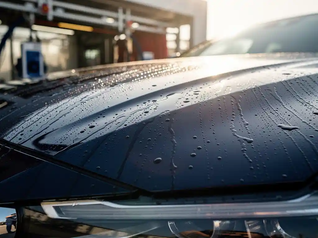 Waterdruppels op glanzende donkerblauwe autolak na professionele wasbeurt, met automatische carwash tunnel op de achtergrond.