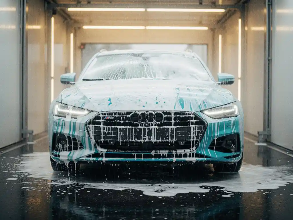 Glanzende natte auto die een moderne wasstraat verlaat, met schuim en waterdruppels op de motorkap onder heldere wasstraalverlichting.