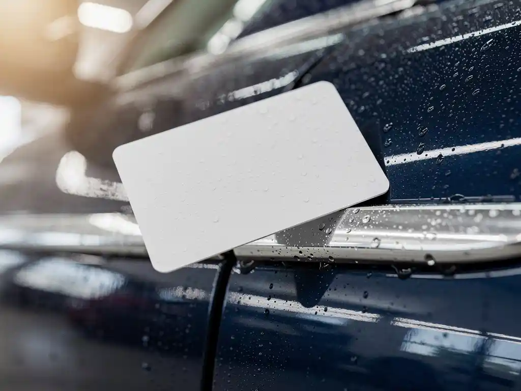 Loyaliteitskaart tegen glanzend nat autoportier met waterdruppels op diepblauwe metallic lak na het wassen.