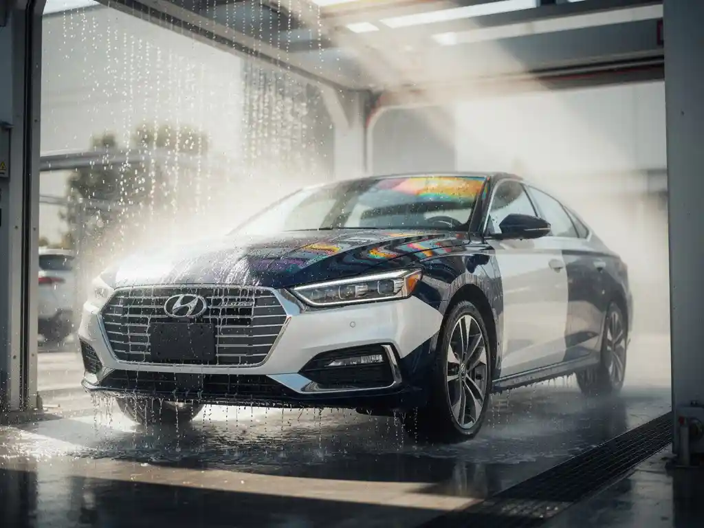 Glanzende lease sedan die uit een automatische carwash tunnel rijdt, met water dat over de motorkap stroomt in natuurlijk daglicht.