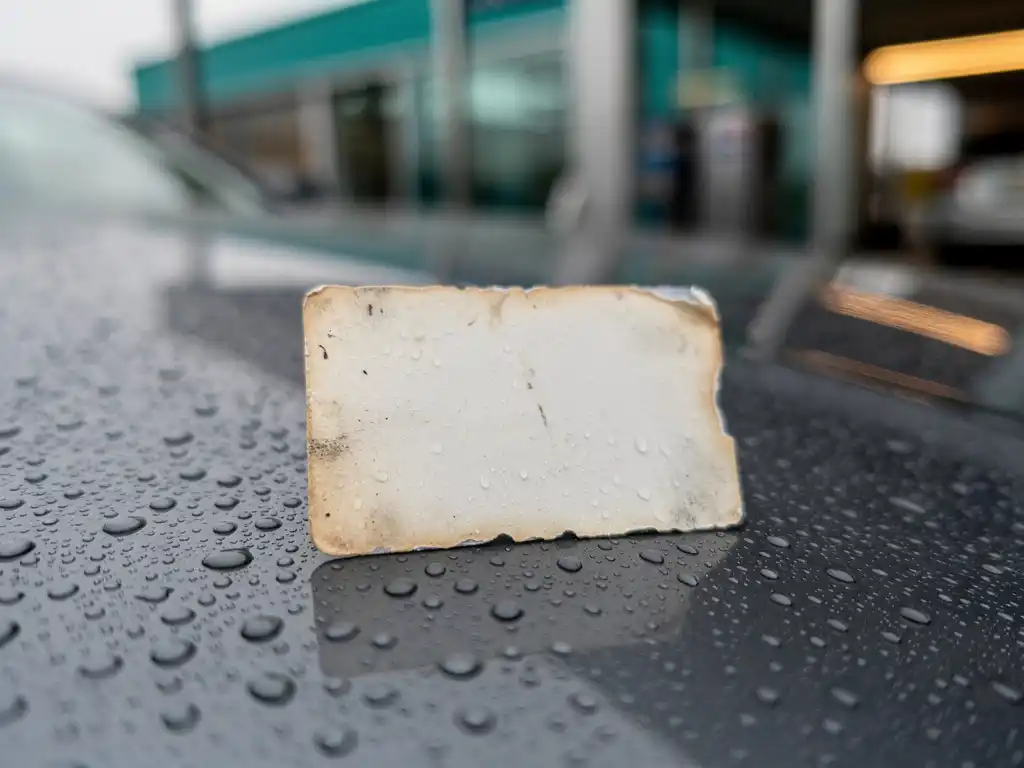 Versleten loyaliteitskaart met waterdruppels op natte motorkap, onscherpe wasstraat op de achtergrond, gedempte teal- en zilveren tinten.