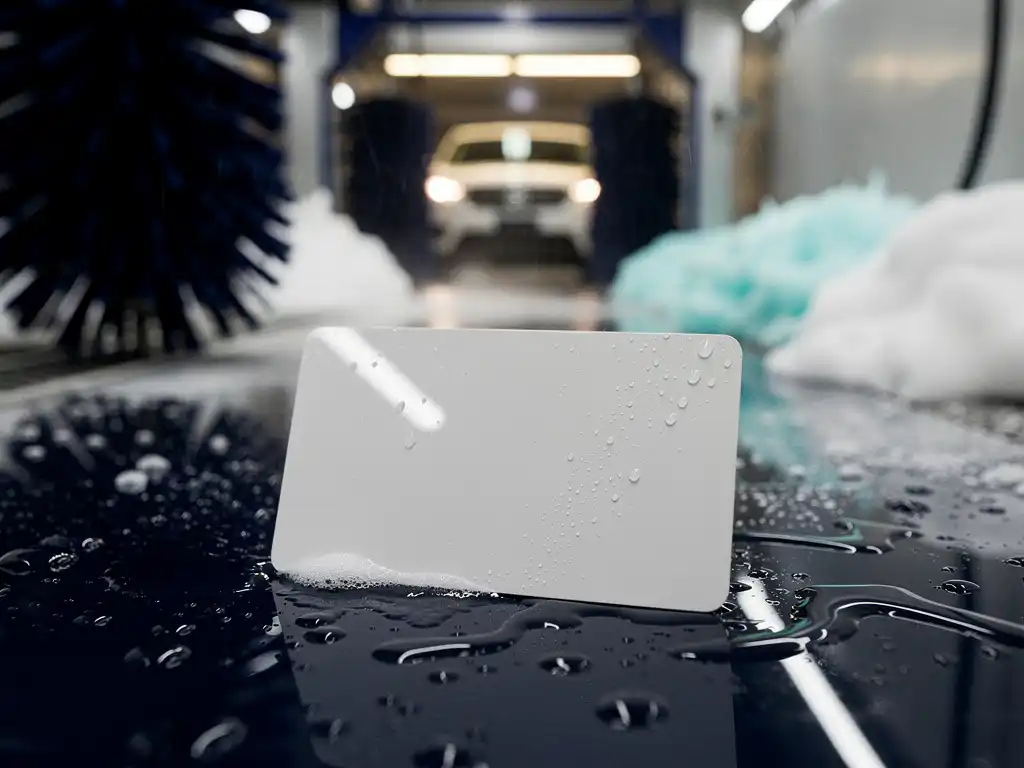 Glanzende loyaliteitskaart van een carwash op nat oppervlak in moderne wasstraat met schuimborstels op de achtergrond.