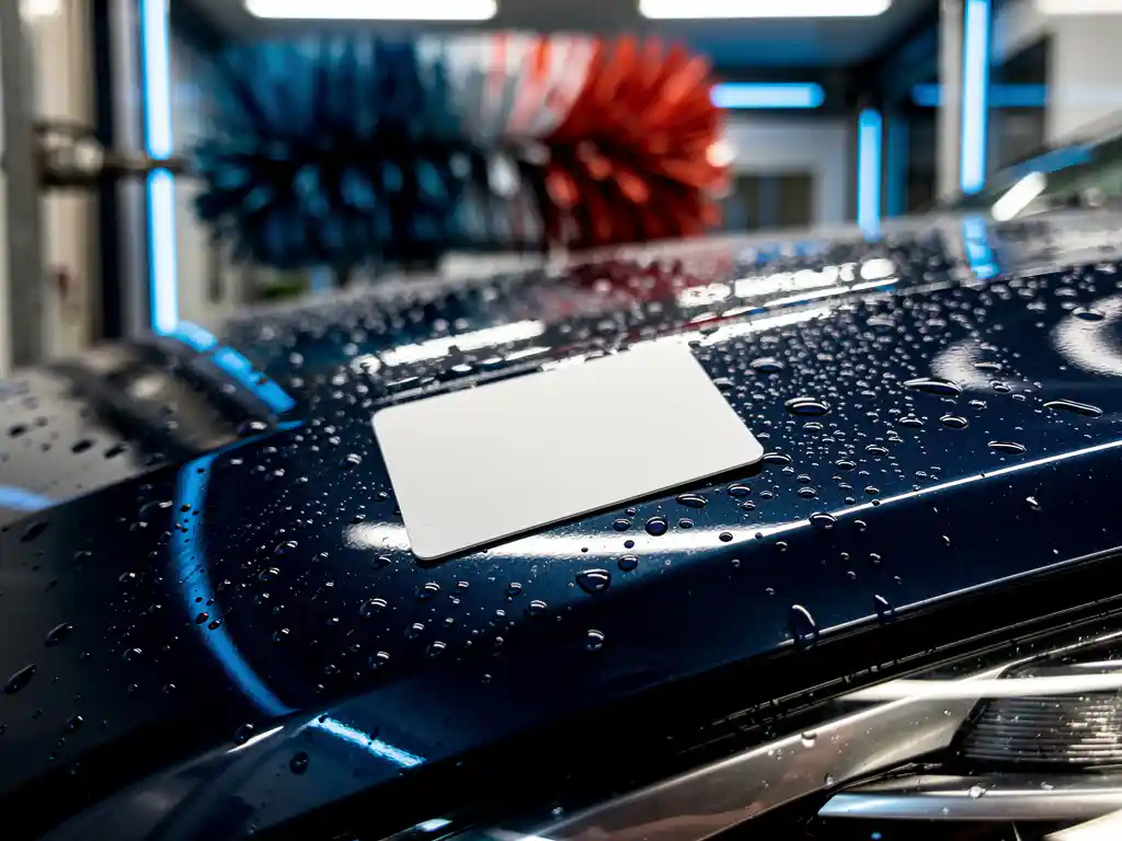 Loyaliteitspas op natte motorkap in automatische carwash, omgeven door waterdruppels en neonblauw licht.