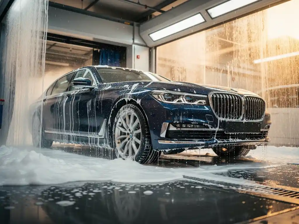 Glanzende luxe sedan die een moderne wasstraat verlaat, bedekt met schuim en waterstralen op diepblauwe lak.
