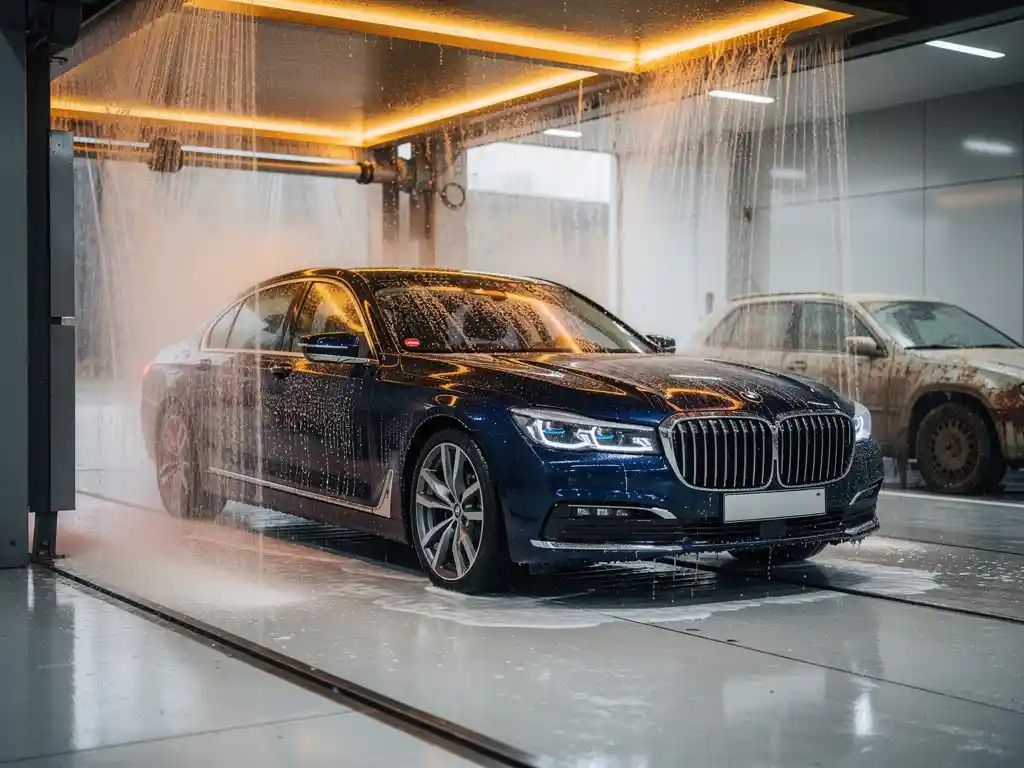 Glanzende luxe sedan die een professionele carwastunnel verlaat, omgeven door cascaderend water en zachte textielborstelss.