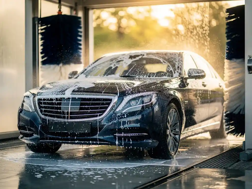 Donkerblauwe executive sedan die een wasstraat verlaat, met waterstromen over de glanzende motorkap en schuimborstels op de achtergrond.