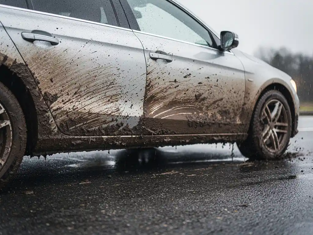 Zilverkleurige auto bedekt met modder en bruine aanslag op de lage carrosserie en wielen, geparkeerd op nat asfalt.