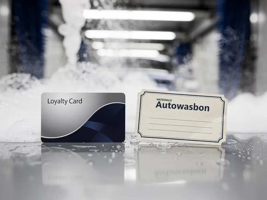 Loyaliteitskaart en Nationale Autowasbon op natte ondergrond in carwastunnel, met zeepbellen op de achtergrond.