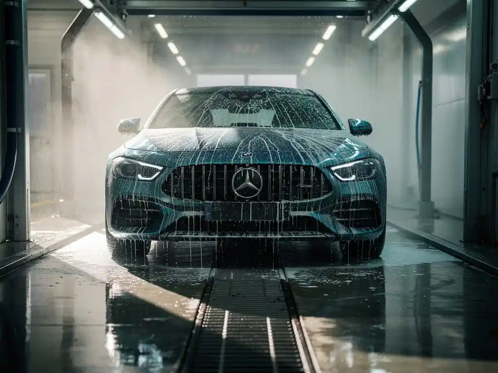 Glanzende natte auto die een moderne wasstraat verlaat, met waterdruppels op de carrosserie en lichte mist op de achtergrond.