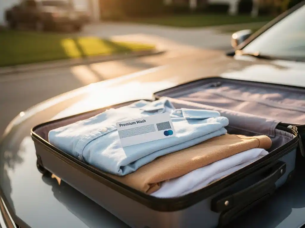 Openstaande reiskoffer op een motorkap met een autowasabonnement op gevouwen kleding, glanzende auto op de achtergrond in gouden avondlicht.
