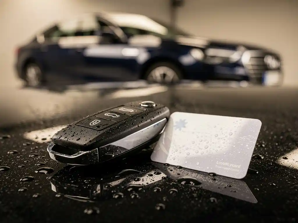 Natte autosleutel en loyaliteitskaart op donker oppervlak, met waterdruppels en een glanzende gewassen auto op de achtergrond.