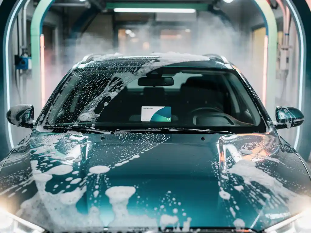 Glanzende natte auto die uit een automatische carwash rijdt, met zeepschuim op de lak en een loyaliteitskaart op het dashboard.