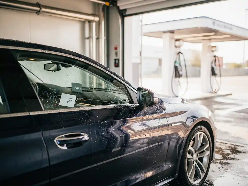 Glanzende natte auto die een moderne automatische wasstraat verlaat, met een wasabonnementkaart zichtbaar op het dashboard.