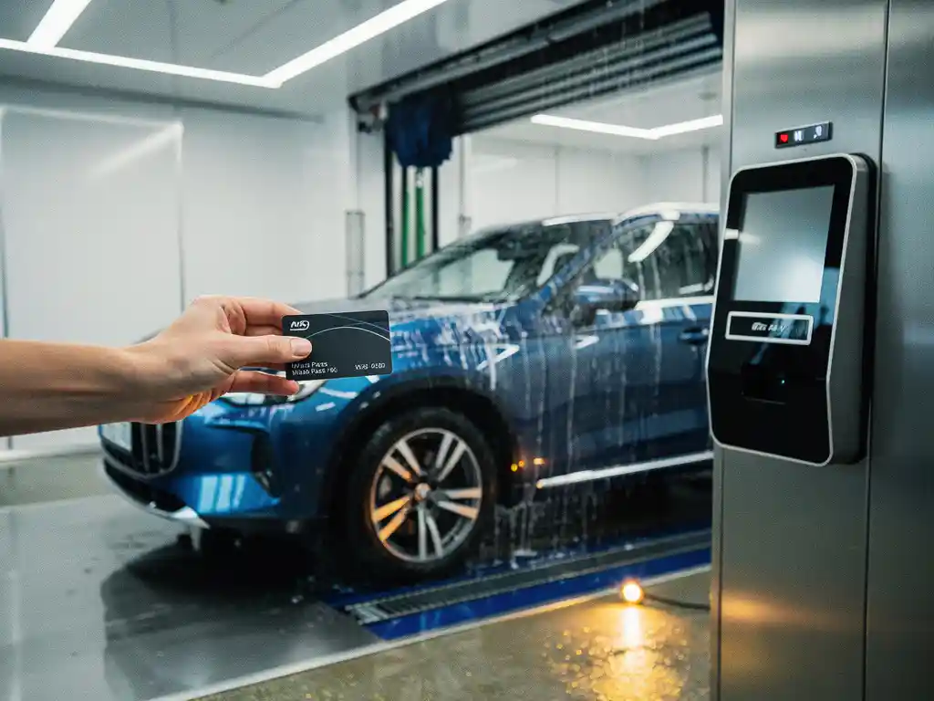 Glanzende blauwe auto met waterdruppels op lak, verlaat moderne automatische carwastunnel met wasabonnementkaart bij betaalterminal.