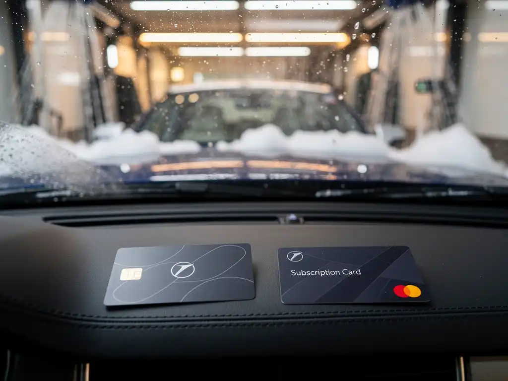 Glanzende natte auto verlaat een carwastunnel, met een loyaliteitskaart en abonnementskaart op het dashboard.