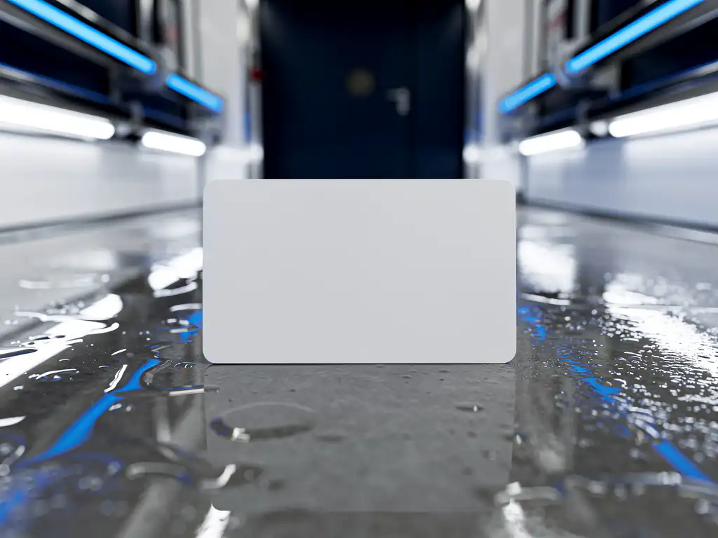 Glanzende loyaliteitskaart voor een carwash op nat beton in een wasstraat, verlicht door blauwe en witte LED-reflecties.