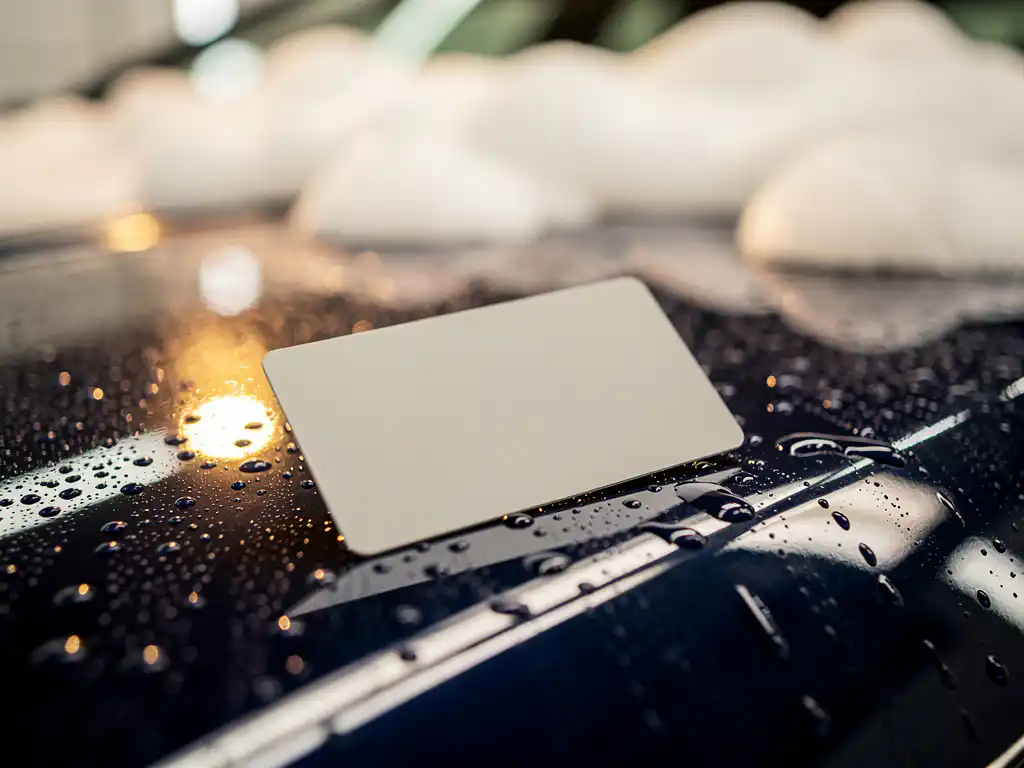 Loyaliteitskaart voor een carwash op glanzende, natte motorkap met waterdruppels en zeepbellen op de achtergrond.